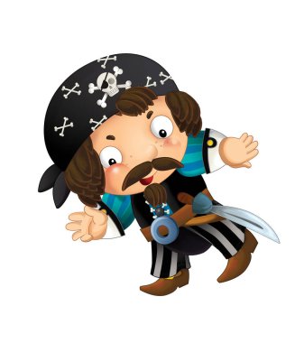 Sırtında kılıç olan korsan yüzbaşının beyaz arka planda olduğu karikatür sahnesi - çocuklar için illüstrasyon