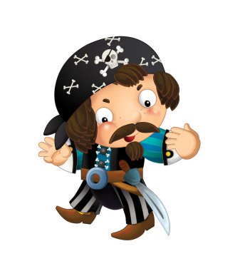 Sırtında kılıç olan korsan yüzbaşının beyaz arka planda olduğu karikatür sahnesi - çocuklar için illüstrasyon