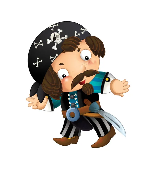 Escena Dibujos Animados Con Pirata Capitán Hombre Con Espada Espalda — Foto de Stock