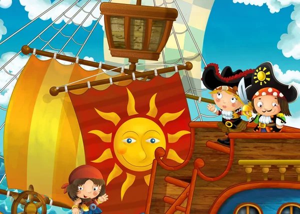 Scena Dei Cartoni Animati Con Nave Pirata Che Naviga Attraverso — Foto Stock