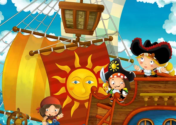 Scena Dei Cartoni Animati Con Nave Pirata Che Naviga Attraverso — Foto Stock