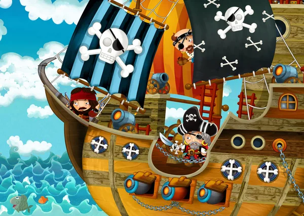 Cartoon Scene Pirate Ship Sailing Seas Scary Pirates Illustration Children — Stock Photo, Image