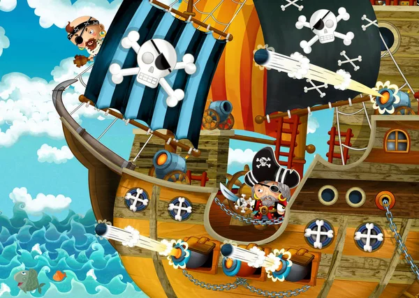 Cartoon Scene Pirate Ship Sailing Seas Scary Pirates Shooting Cannons — Stock Photo, Image