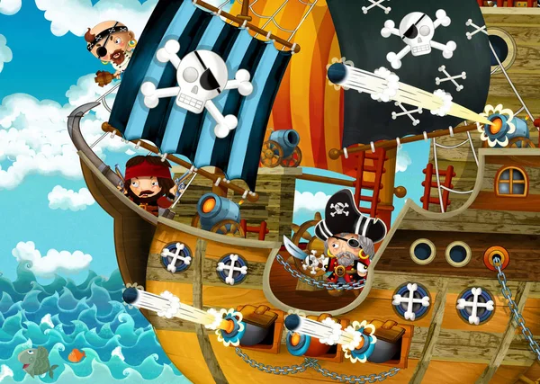 cartoon scene with pirate ship sailing through the seas with scary pirates and shooting cannons - illustration for children