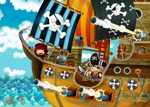 卡通场景与海盗船航行通过海洋与可怕的海盗和射击大炮 插图为儿童 — 图库照片