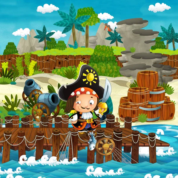 cartoon scene with beach shore with wooden traditional barrels and cannon and cannon balls on some tropical island - illustration for children