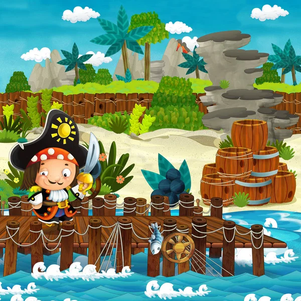 伝統的な木樽とキャノン キャノン ボールにいくつかの熱帯の島 子供のための図とビーチの海岸と漫画のシーン — ストック写真
