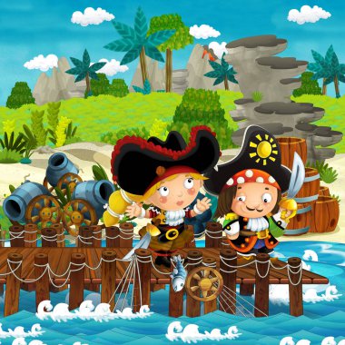 çocuk-illüstrasyon korsan kaptanları kız ve çocuk ile bazı tropikal adada ahşap geleneksel iskele Limanı ile plaj kıyı ile karikatür sahne