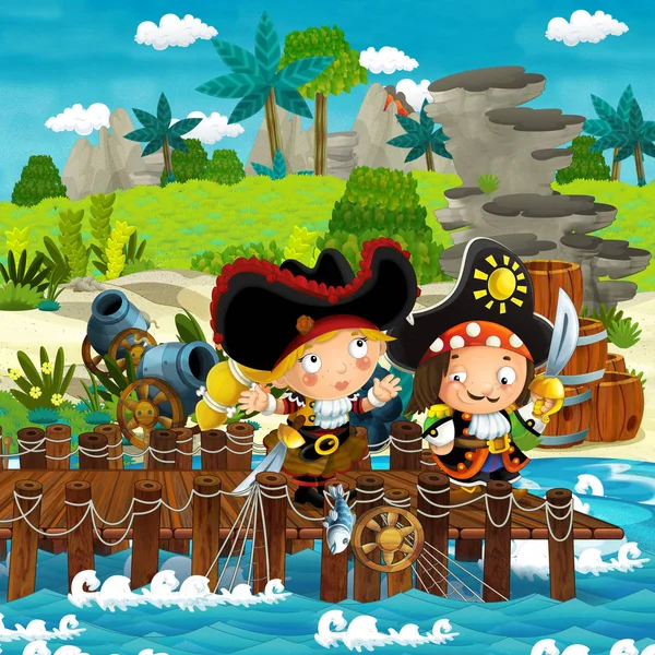 cartoon scene with beach shore with wooden traditional pier harbor on some tropical island with pirate captains girl and boy - illustration for children