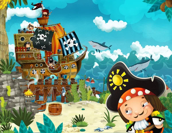 动画片场面与海滩海岸与木的传统码头港口海盗船在一些热带海岛与海盗上尉男孩-例证为孩子 — 图库照片