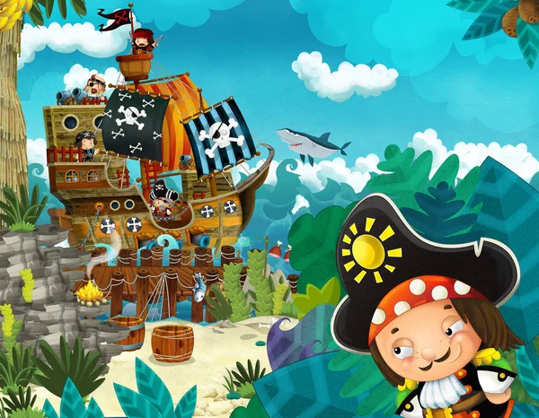 Cartoon scene met Beach Shore met houten traditionele Pier Harbor piratenschip op een aantal tropische eiland met piraat Captain Boy-illustratie voor kinderen — Stockfoto