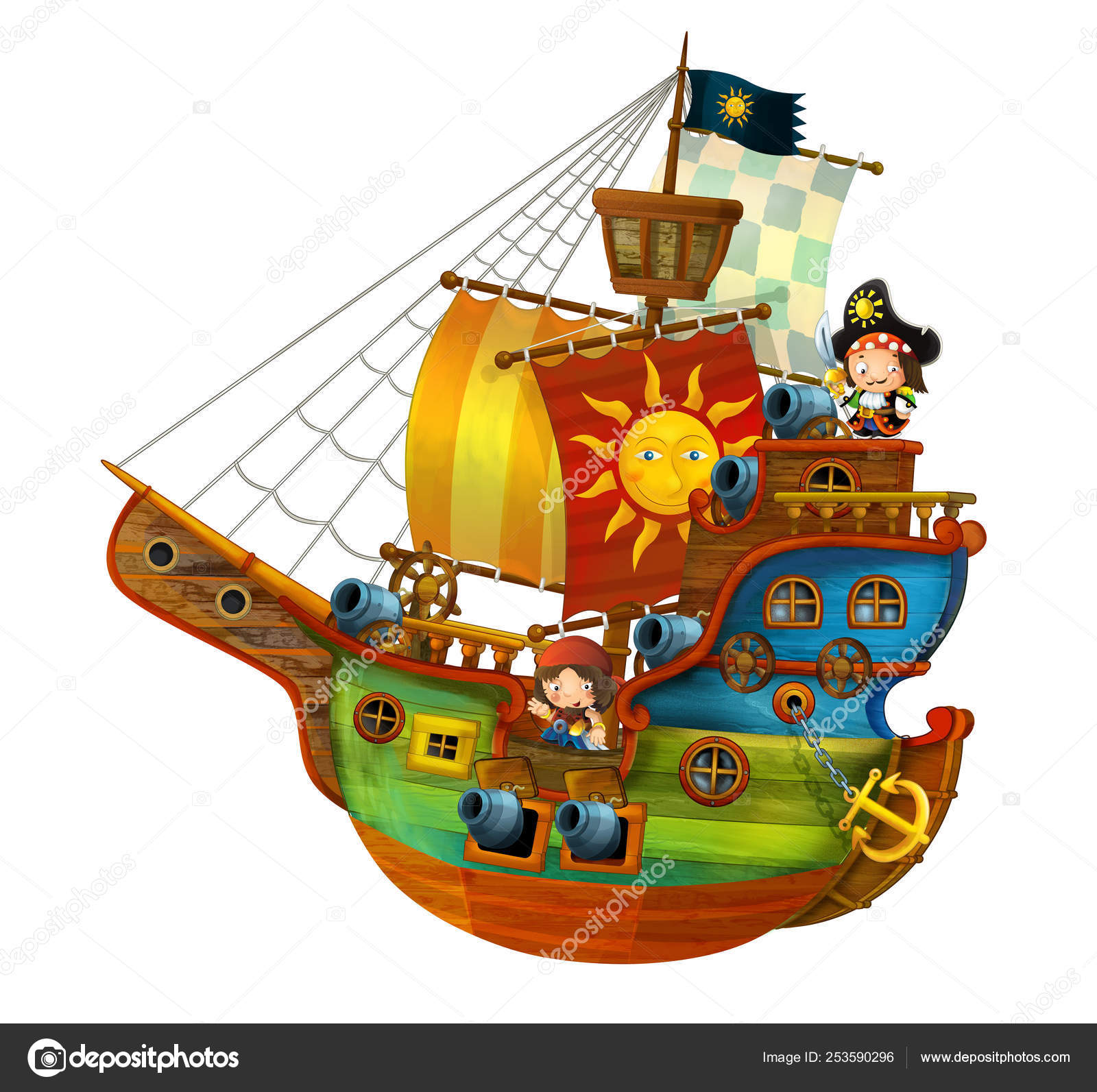 Cartoon Pirate Ship Cannons White Background Illustration Children Stock  Photo by ©illustrator_hft 253590296