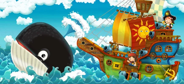 Cartoon Scene Pirate Ship Sailing Seas Happy Pirates Meeting Swimming — Stock Photo, Image