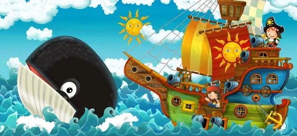 卡通场景与海盗船航行通过海洋与快乐的海盗会议游泳鲸 儿童插图 — 图库照片