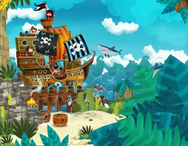 Çizgi film sahne Beach yakınındaki çocuklar için deniz ya da okyanus - korsan gemisi - illüstrasyon