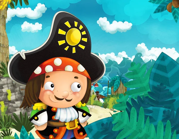Cartoon scene of beach near the sea or ocean - pirate captain - illustration for children