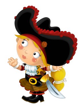 mutlu gülümseyerek karikatür Ortaçağ korsan ayakta beyaz arka planda - illüstrasyon çocuklar için kılıç ile gülümseyen kadın