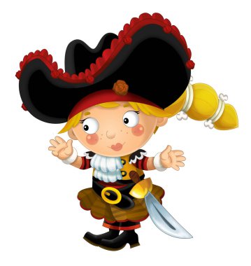 mutlu gülümseyerek karikatür Ortaçağ korsan ayakta beyaz arka planda - illüstrasyon çocuklar için kılıç ile gülümseyen kadın