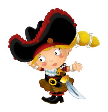 mutlu gülümseyerek karikatür Ortaçağ korsan ayakta beyaz arka planda - illüstrasyon çocuklar için kılıç ile gülümseyen kadın