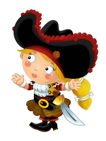 Feliz Caricatura Sonriente Mujer Pirata Medieval Pie Sonriendo Con Espada — Foto de Stock