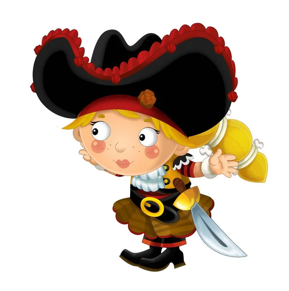Счастливая Улыбающаяся Средневековая Пиратка Улыбающаяся Мечом Белом Фоне Иллюстрация Детей — стоковое фото