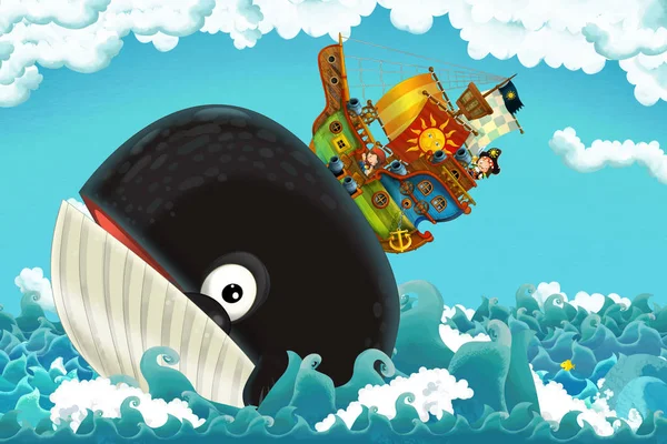 海賊船が海を航行する漫画のシーン幸せな海賊のミーティング水泳クジラ 子供のためのイラスト — ストック写真