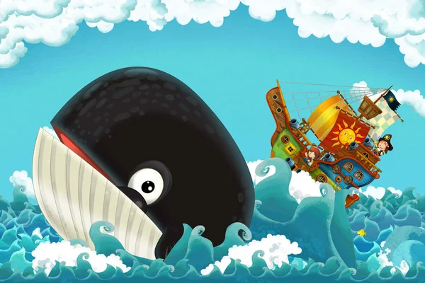 cartoon scene with pirate ship sailing through the seas with happy pirates meeting swimming whale - illustration for children