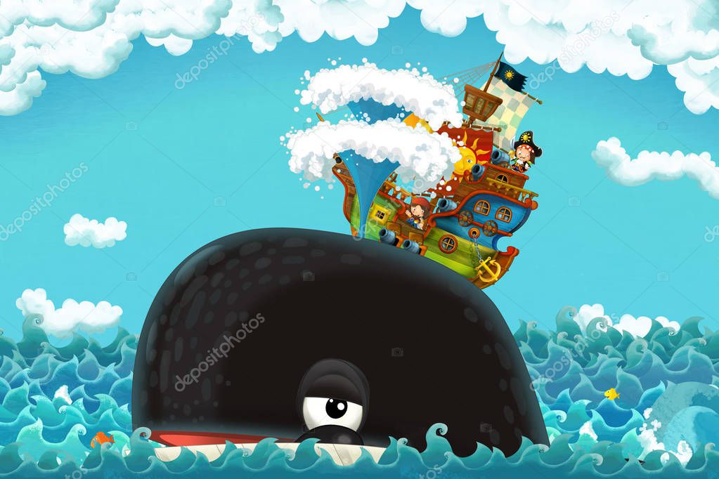 cartoon scene with pirate ship sailing through the seas with happy pirates meeting swimming whale - illustration for children