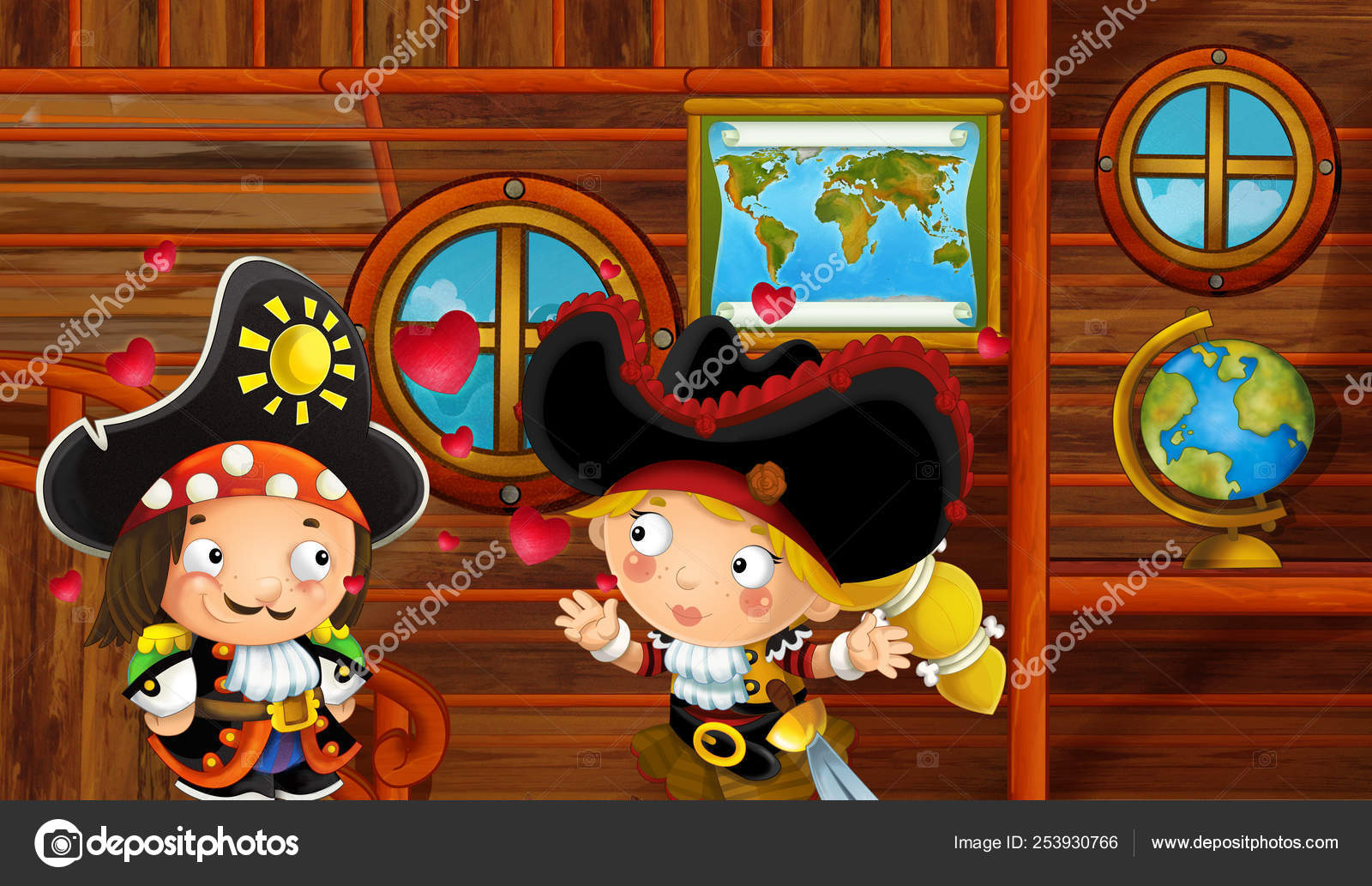 Cartoon Scene Pirate Ship Cabin Interior Loving Pirate
