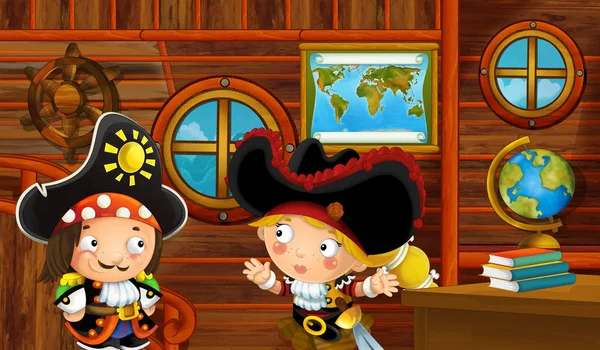 Escena Dibujos Animados Con Cabina Barco Pirata Interior Con Amante — Foto de Stock