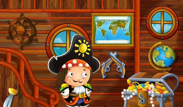 Escena Dibujos Animados Con Cabina Barco Pirata Interior Con Niño — Foto de Stock