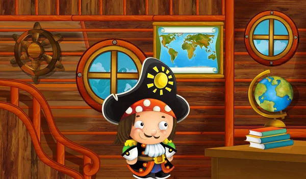 Scena Cartone Animato Con Pirata Interno Cabina Nave Con Pirata — Foto Stock