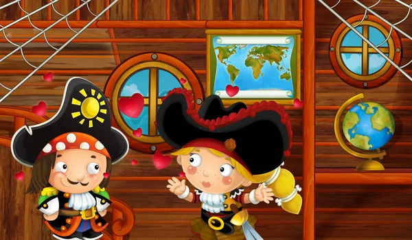 海賊船キャビン インテリアを愛する海賊カップル セーリング海 を通して子供たちのイラストと漫画のシーン — ストック写真