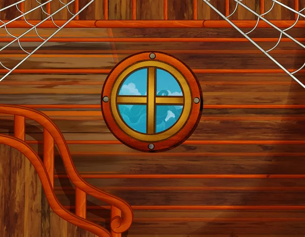 cartoon scene with pirate ship cabin interior sailing through the seas - illustration for children