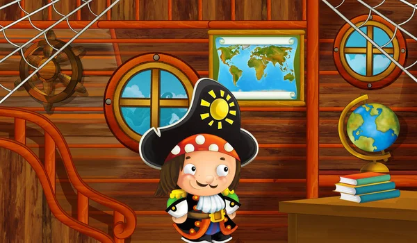 Scena Cartone Animato Con Pirata Interno Cabina Nave Con Pirata — Foto Stock