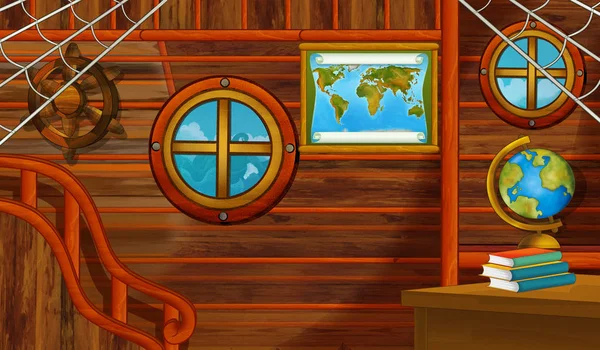 cartoon scene with pirate ship cabin interior sailing through the seas - illustration for children