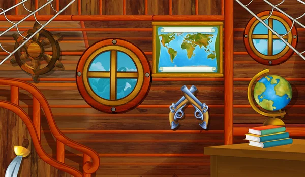 cartoon scene with pirate ship cabin interior sailing through the seas - illustration for children