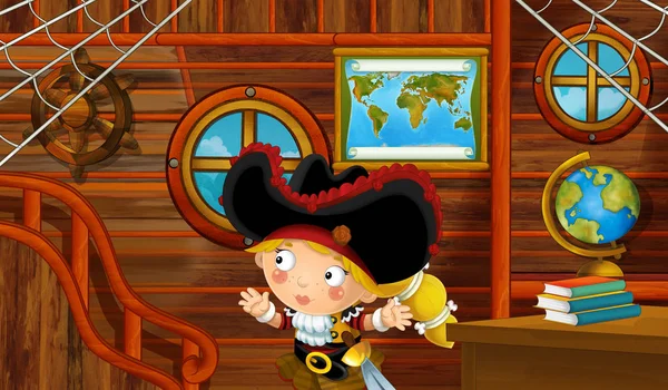 cartoon scene with pirate ship cabin interior with pirate girl sailing through the seas - illustration for children