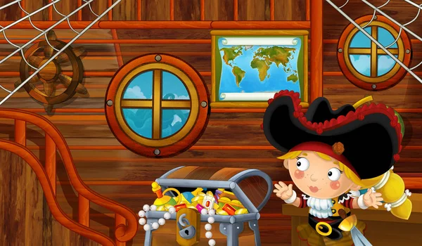 愛情のある海賊の女の子 海を渡って航海子供のための図と海賊船キャビン インテリアの漫画シーン — ストック写真