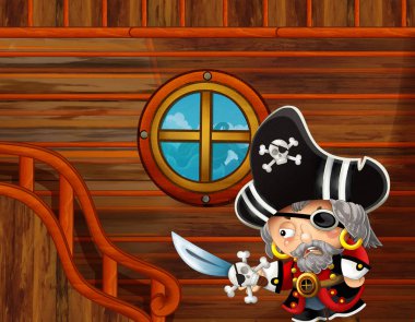 Korsan gemi kabin iç yelken yoluyla denizlerde - illüstrasyon çocuklar için çizgi film sahne