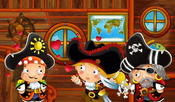 Cartoon Scene Pirate Ship Cabin Interior Loving Pirate Couple Sailing — Stock Photo, Image