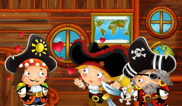 海賊船キャビン インテリアを愛する海賊カップル セーリング海 を通して子供たちのイラストと漫画のシーン — ストック写真