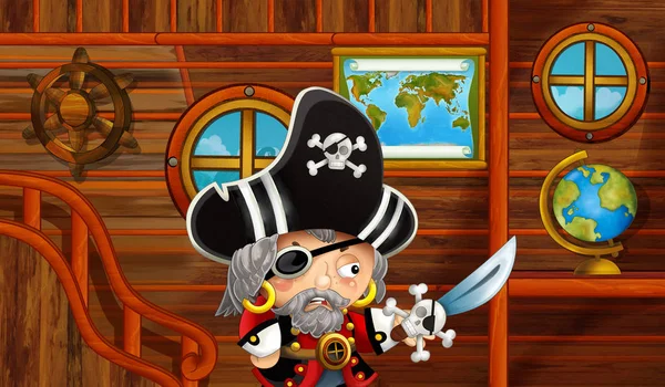 Мультяшная Сцена Пиратским Кораблем Внутри Салона Яхты Плывущего Морям Иллюстрация — стоковое фото