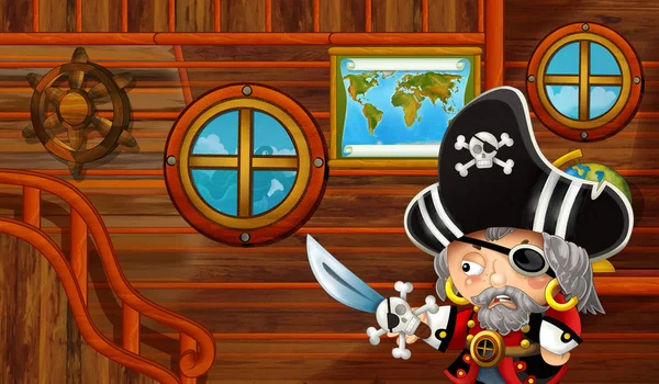 Escena Dibujos Animados Con Cabina Barco Pirata Navegando Través Los — Foto de Stock