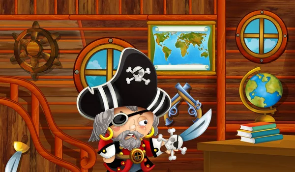 Cena Dos Desenhos Animados Com Navio Pirata Cabine Interior Navegando — Fotografia de Stock