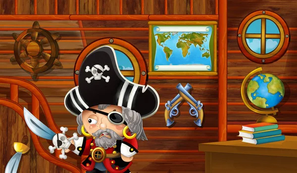 cartoon scene with pirate ship cabin interior sailing through the seas - illustration for children