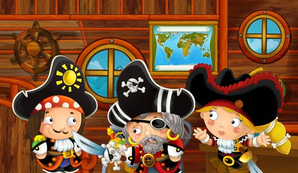 Escena Dibujos Animados Con Cabina Barco Pirata Interior Con Tesoro — Foto de Stock