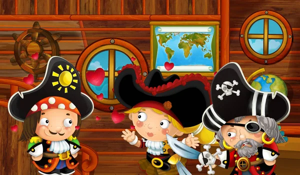 漫画の宝と海賊カップル セーリング海 を通して子供たちのイラストを愛する海賊船キャビン インテリア シーン — ストック写真