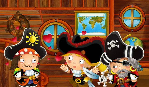 cartoon scene with pirate ship cabin interior with treasure and loving pirate couple sailing through the seas - illustration for children