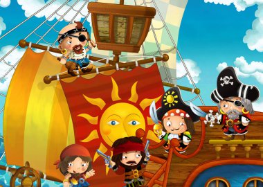 çocuklar için deniz - güvertede korsanlar - illüstrasyon yoluyla yelken korsan gemisi ile çizgi film sahne